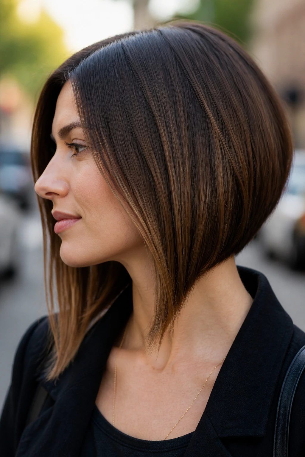Profile portrait of a woman with an angled lob narrowing the jaw