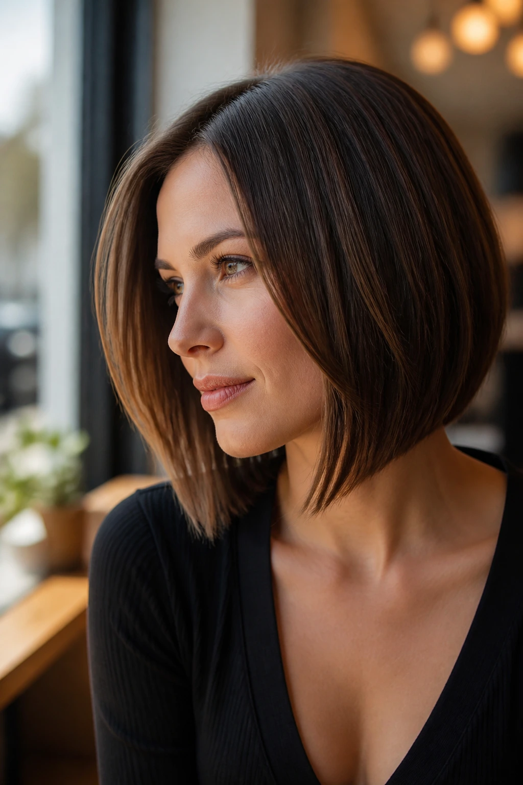 Real woman with angled lob skimming the jaw in cafe lighting