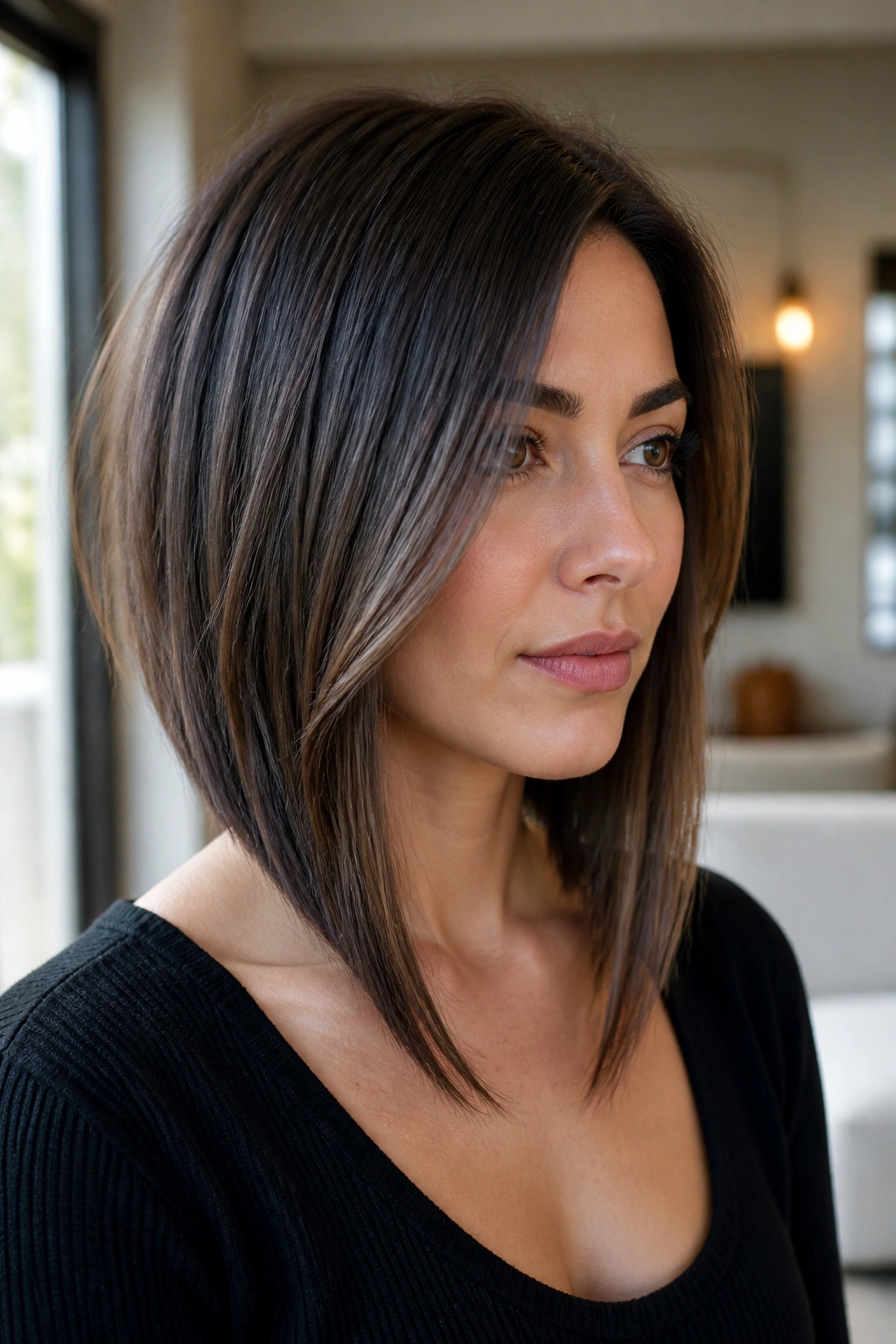 Close-up portrait of a real woman with angled lob and long front pieces framing her face