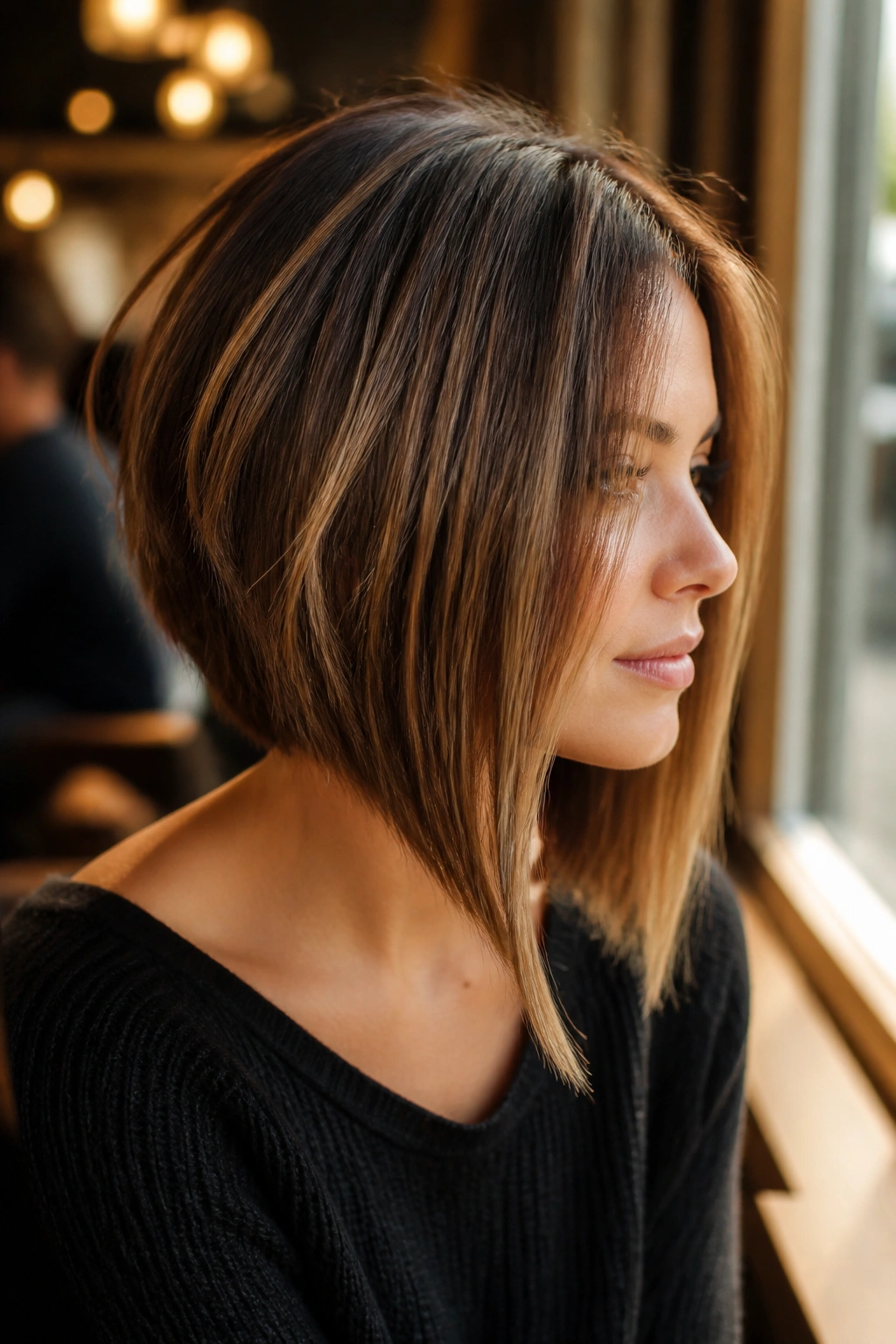 Portrait of a real person with angled lob and longer front, side profile