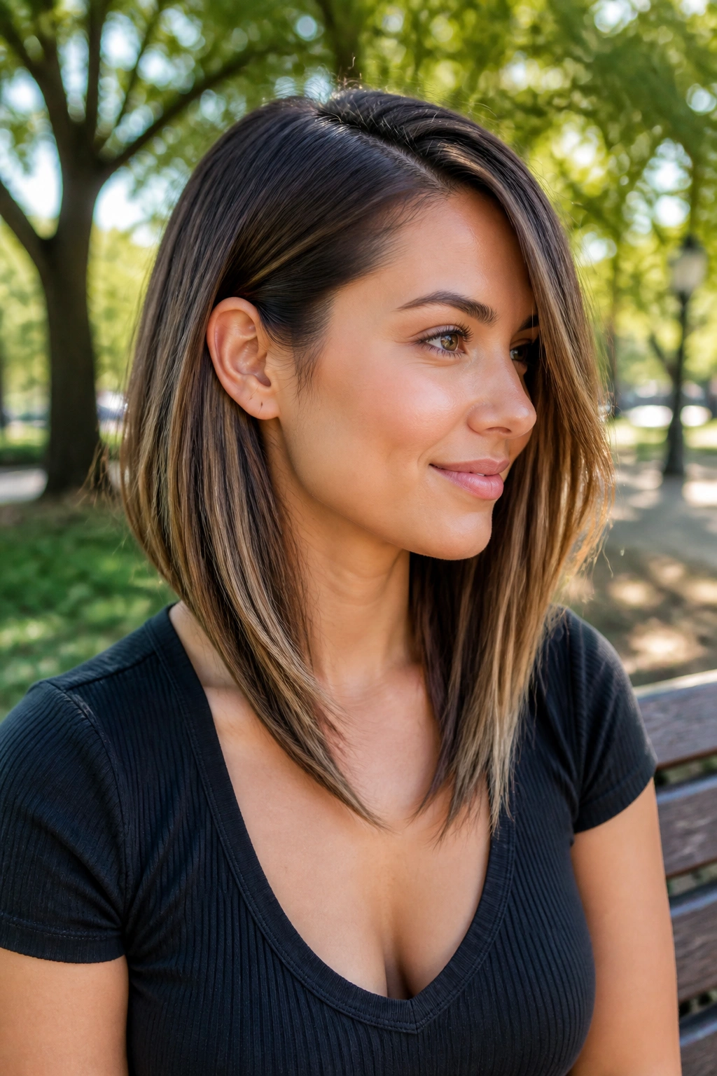 Close-up portrait of a real woman with angled lob and longer front panels