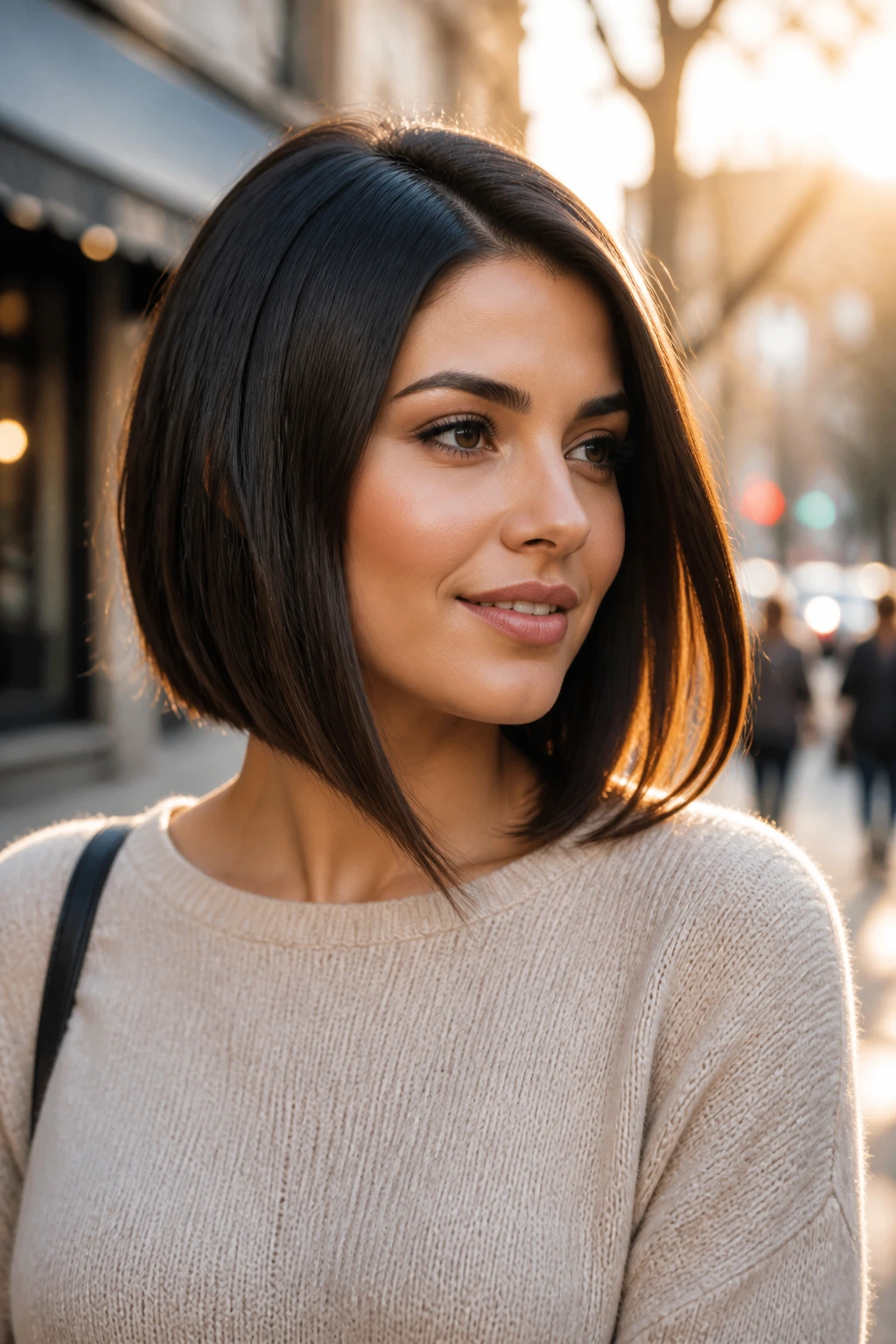 Three-quarter portrait of a real woman with an angled lob and longer front pieces, round face flattering