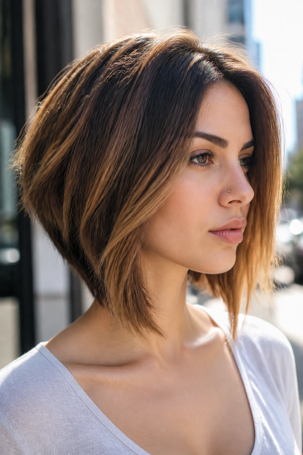 Portrait of a woman with an angled lob haircut showing back-to-front length