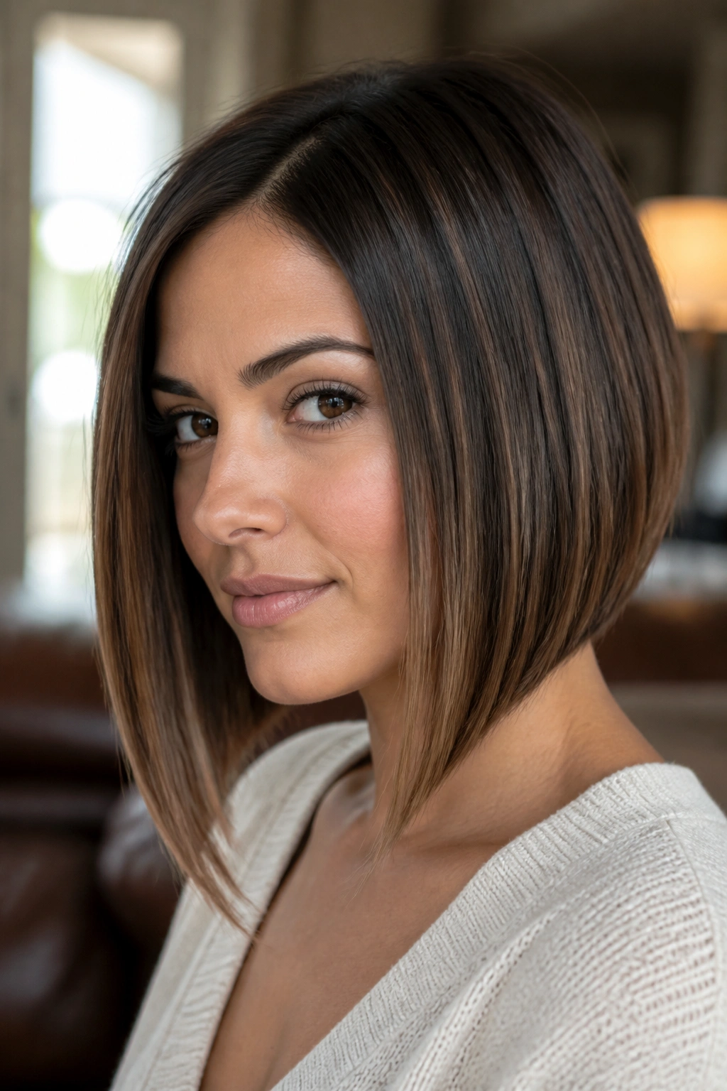 Close-up of a real woman with angled lob and longer front pieces in warm window light.