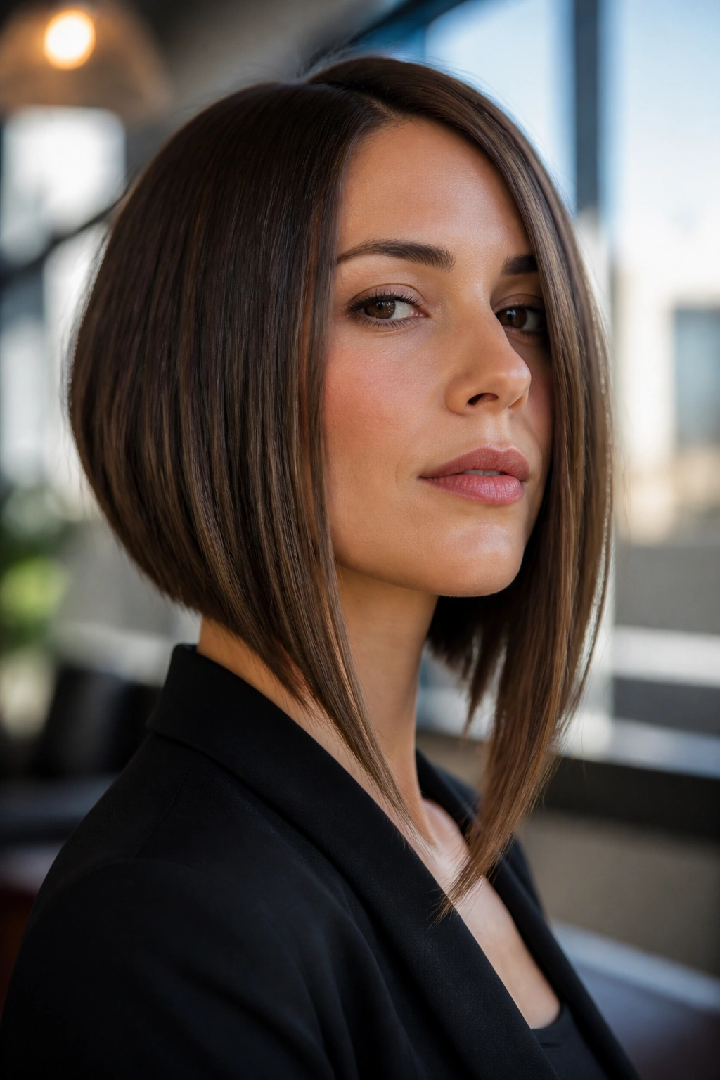 Portrait of a woman with an angled lob and sharp front drop