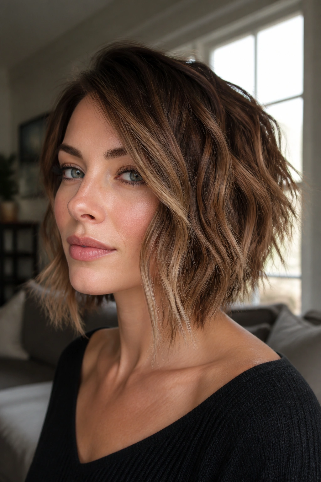 Close-up of real person with Angled Lob With Shattered Ends showing textured waves and collarbone-length front