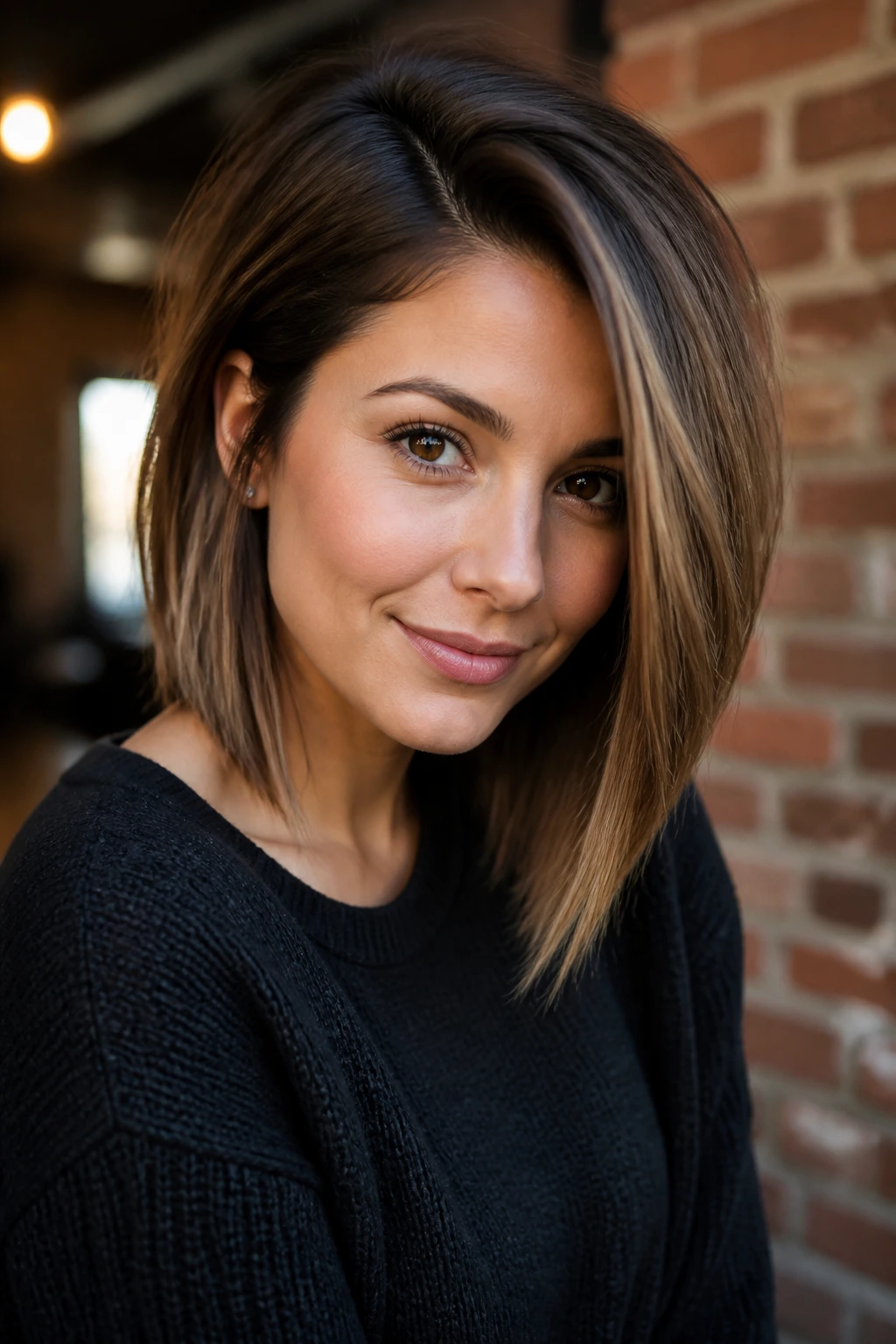 Portrait of a real woman with angled lob and deep side part in warm loft lighting