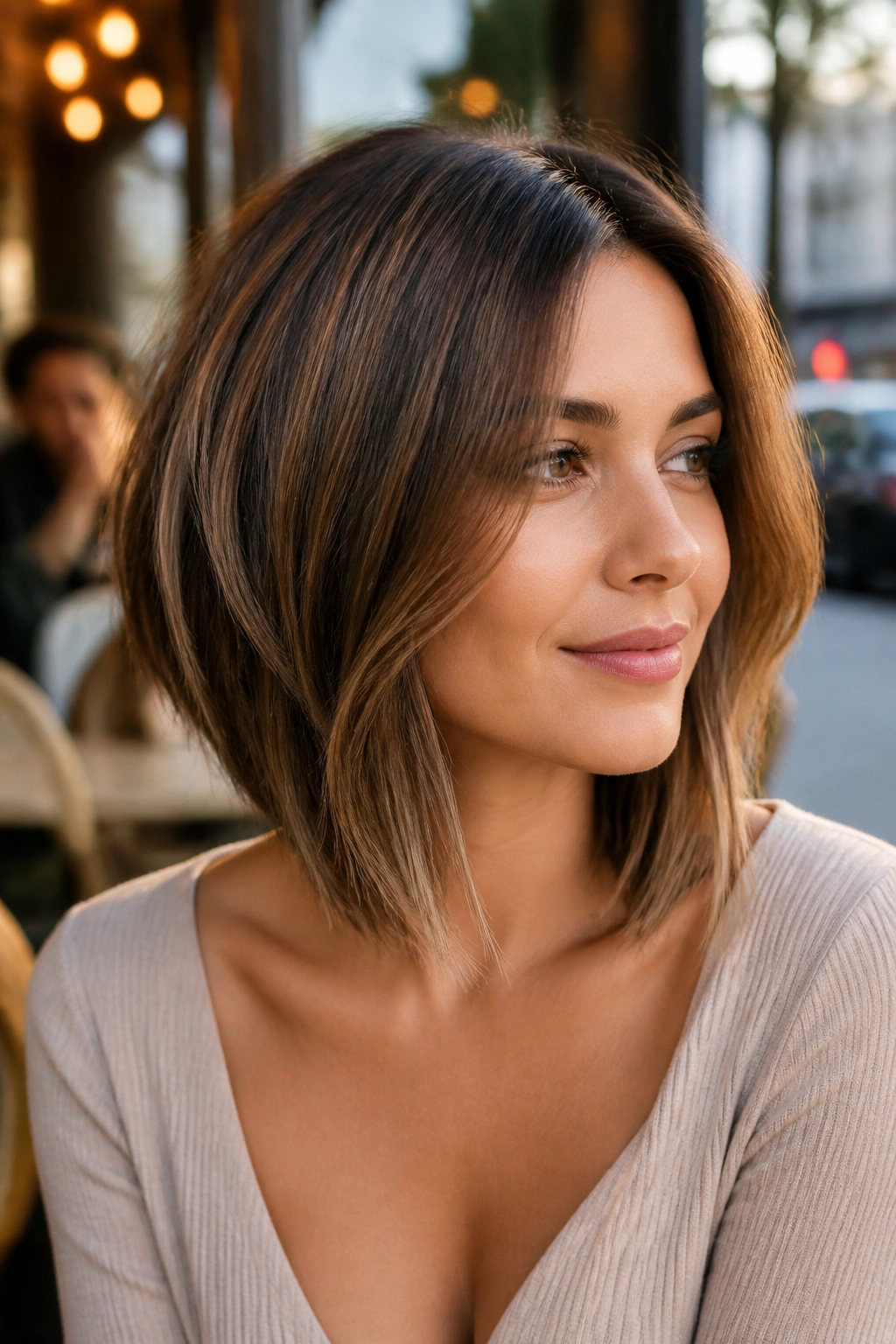 Close-up portrait of a woman with angled lob and soft ends hairstyle