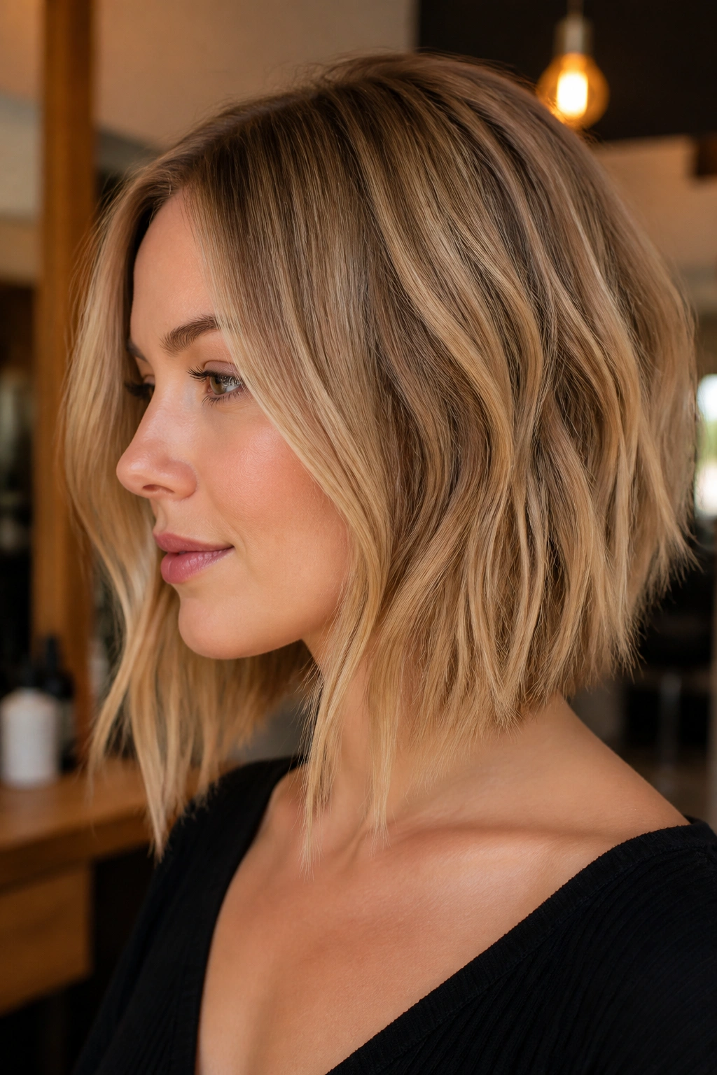 Portrait of a real woman with an angled lob and soft graduation