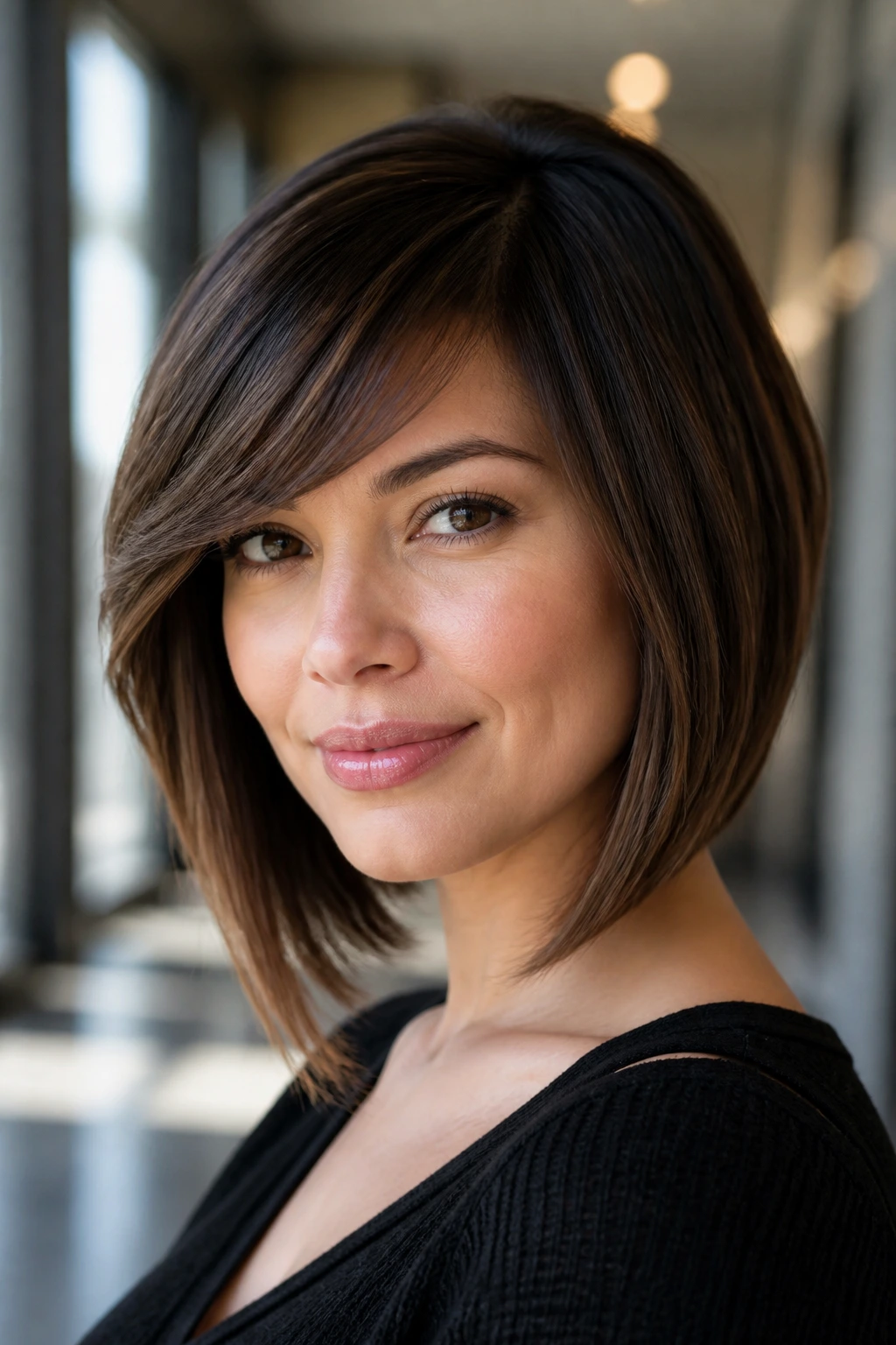 Real person with angled lob and swept bangs in hallway light