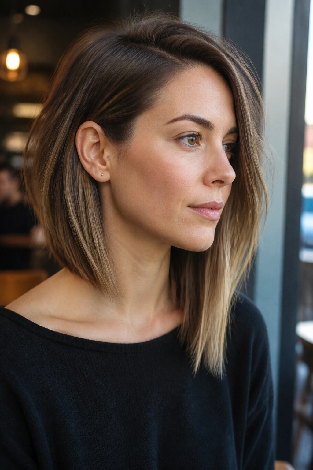 Real woman with angled lob tucked-behind-one-ear, jawline exposed.