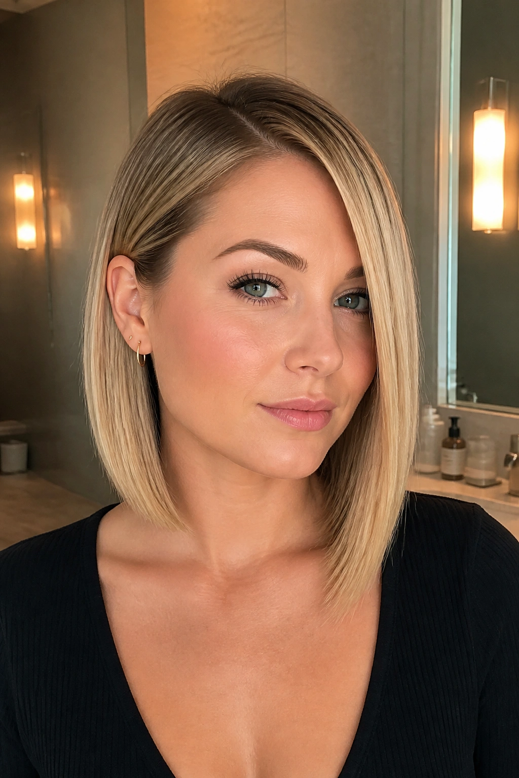 Close-up of a real woman with an angled lob tucked behind the ear.