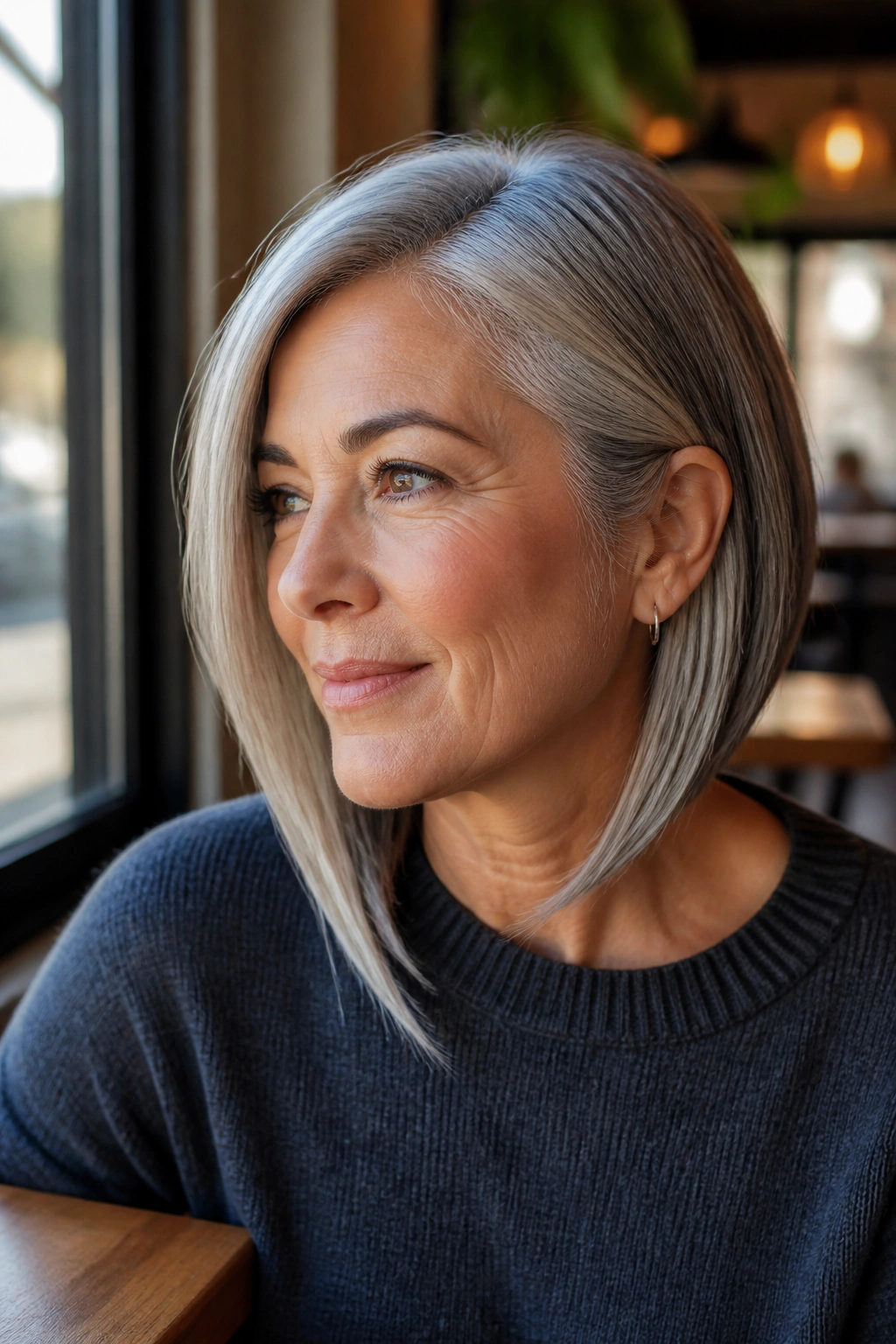 Close-up of a real woman with an angled lob and tucked ends.