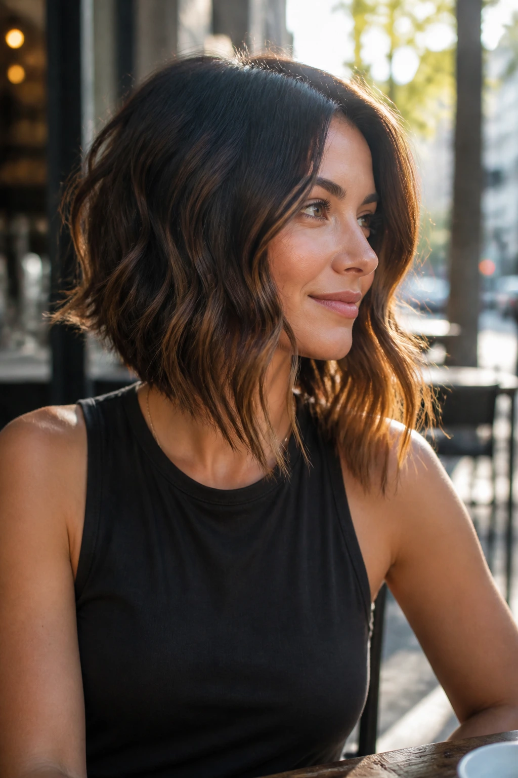 Portrait of a woman with an angled lob showing short back and longer front in waves.