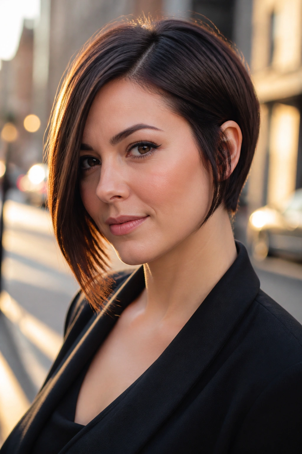 Close-up portrait of a real woman with an angled micro bob and off-center part