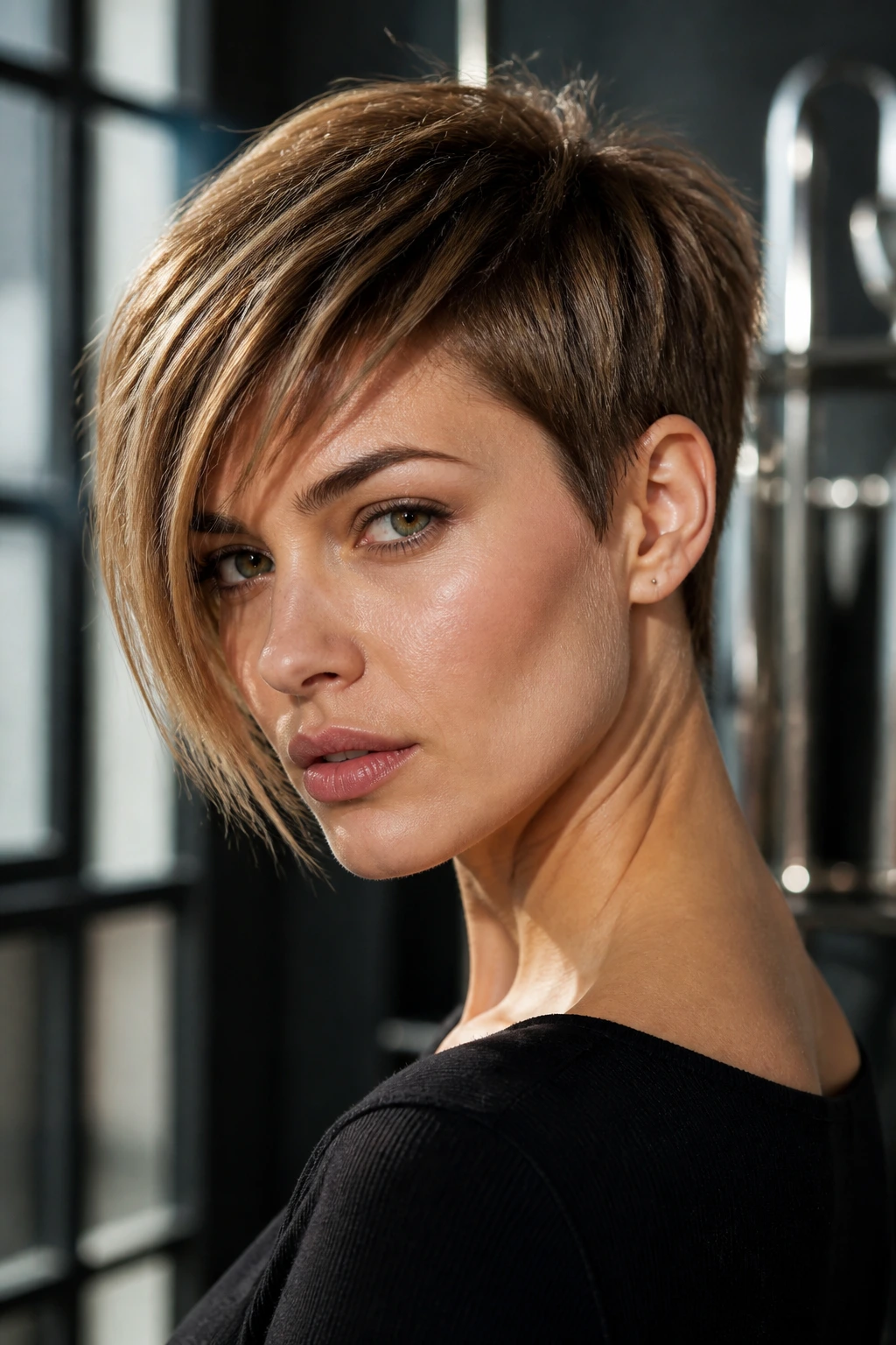 Close-up portrait of a real woman with an angled pixie hairstyle