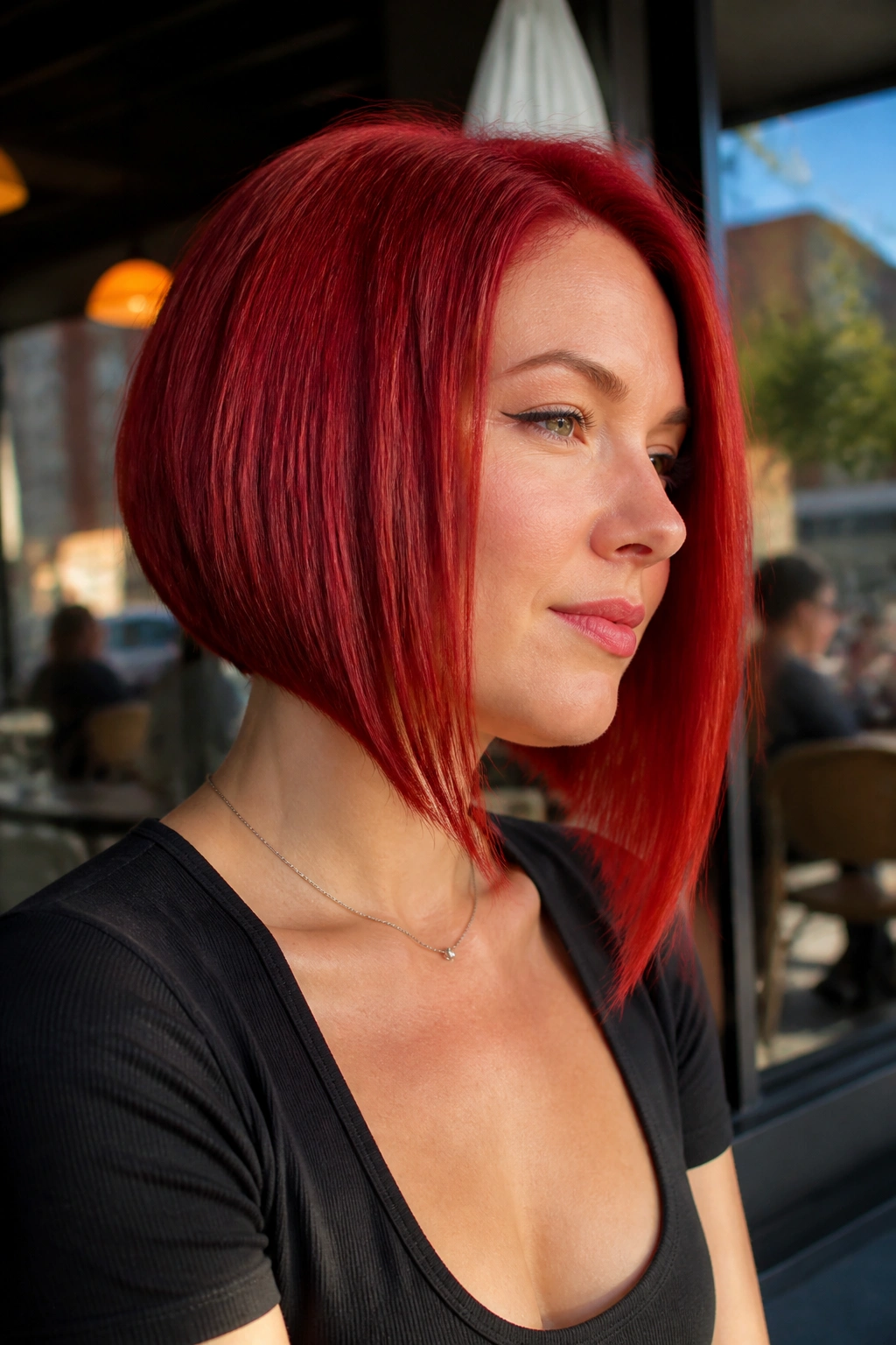 Close-up of a real woman with angled red bob and A-line shape