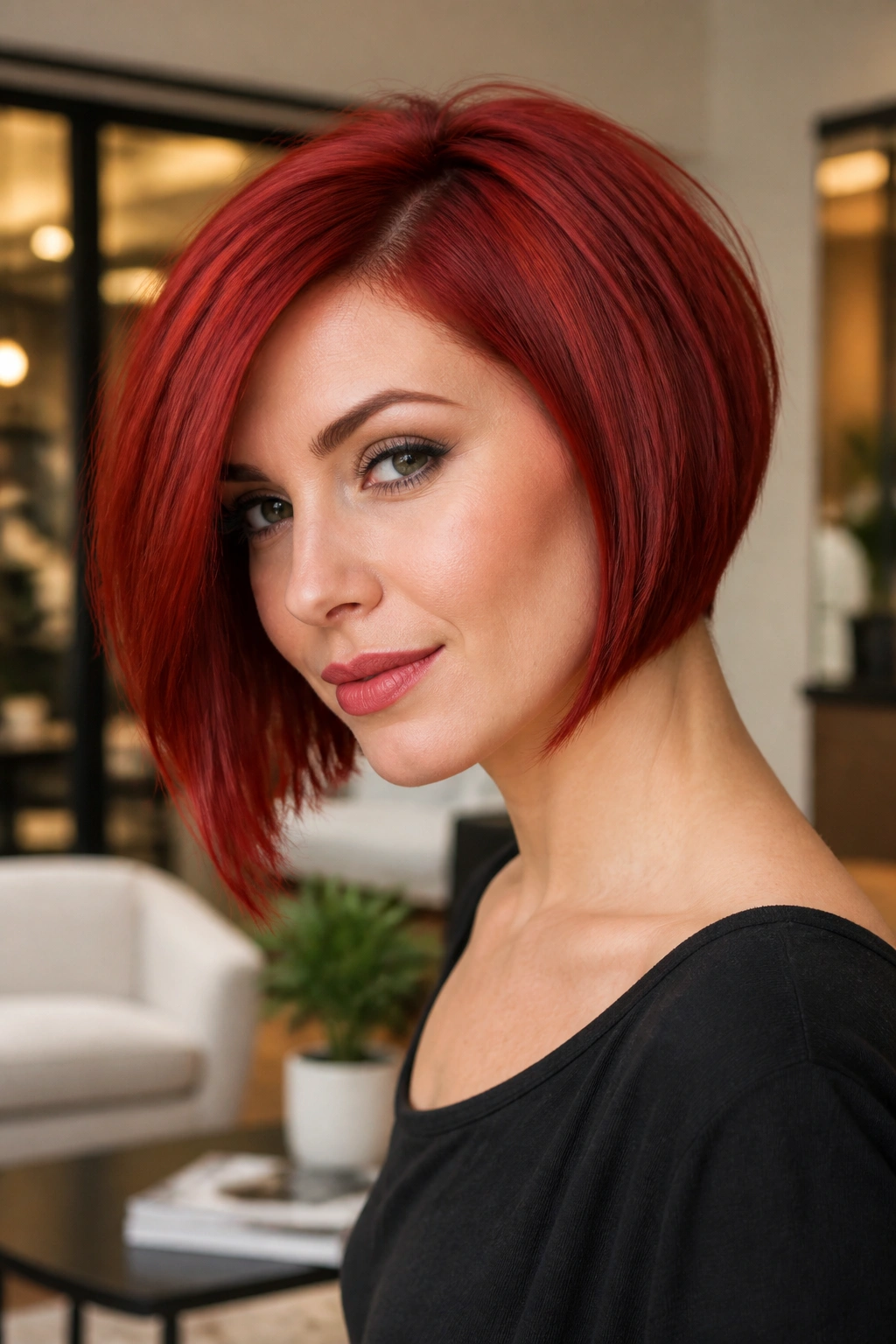 Close-up portrait of a real woman with an angled scarlet bob