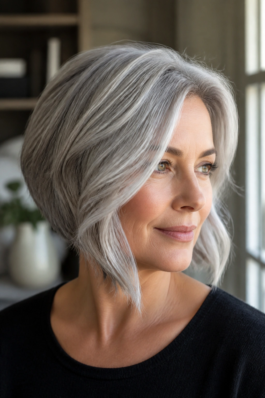 Close-up of a real woman with a silver angled bob hairstyle