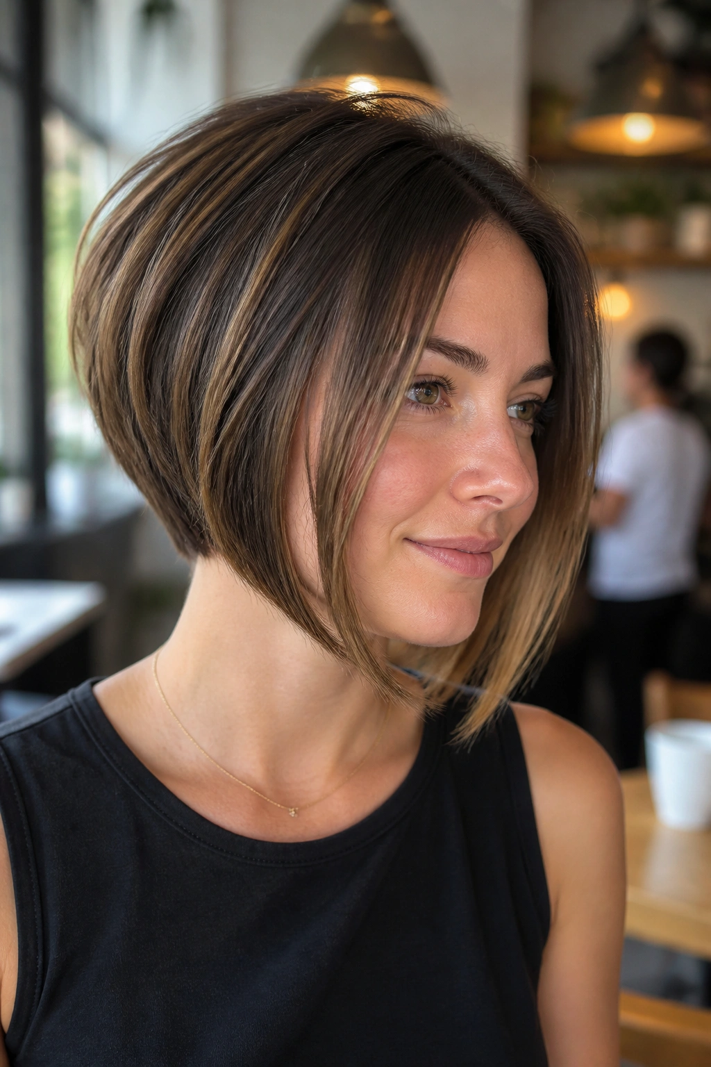 Real woman with an angled stacked bob and chin-length front.