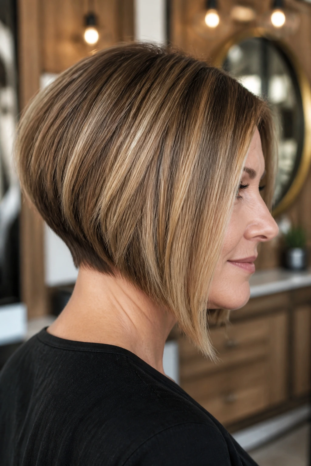 Close-up portrait of a real woman with an angled stacked bob slanting forward in a chic salon.