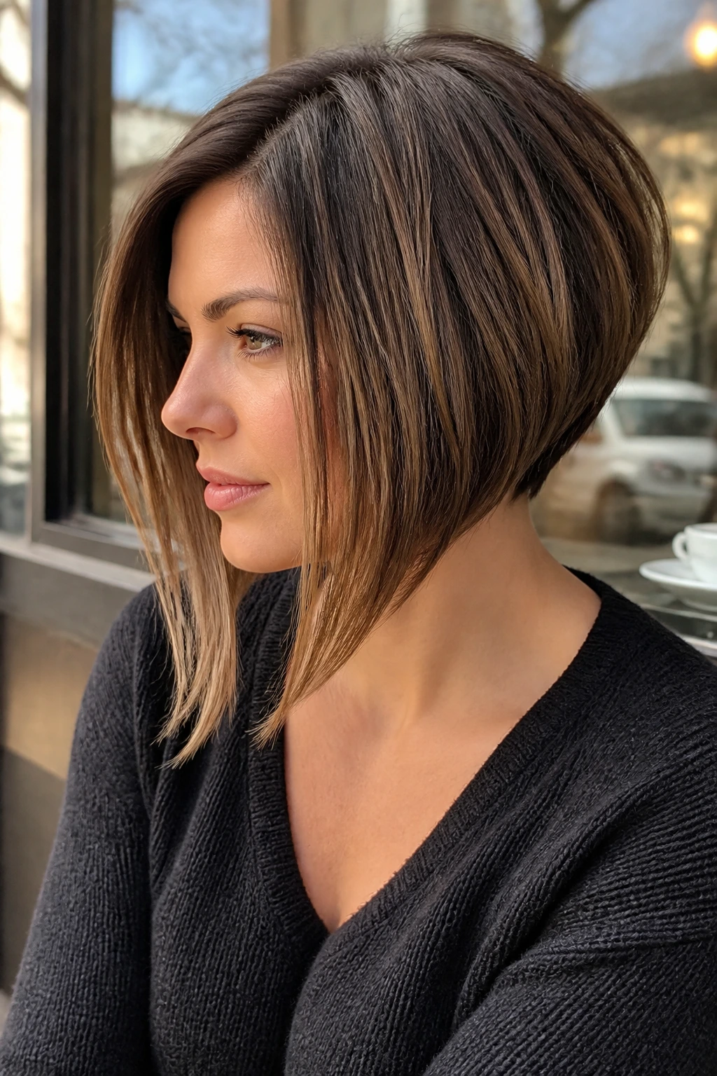 Close-up of a real woman with an angled stacked bob featuring longer front toward chin.