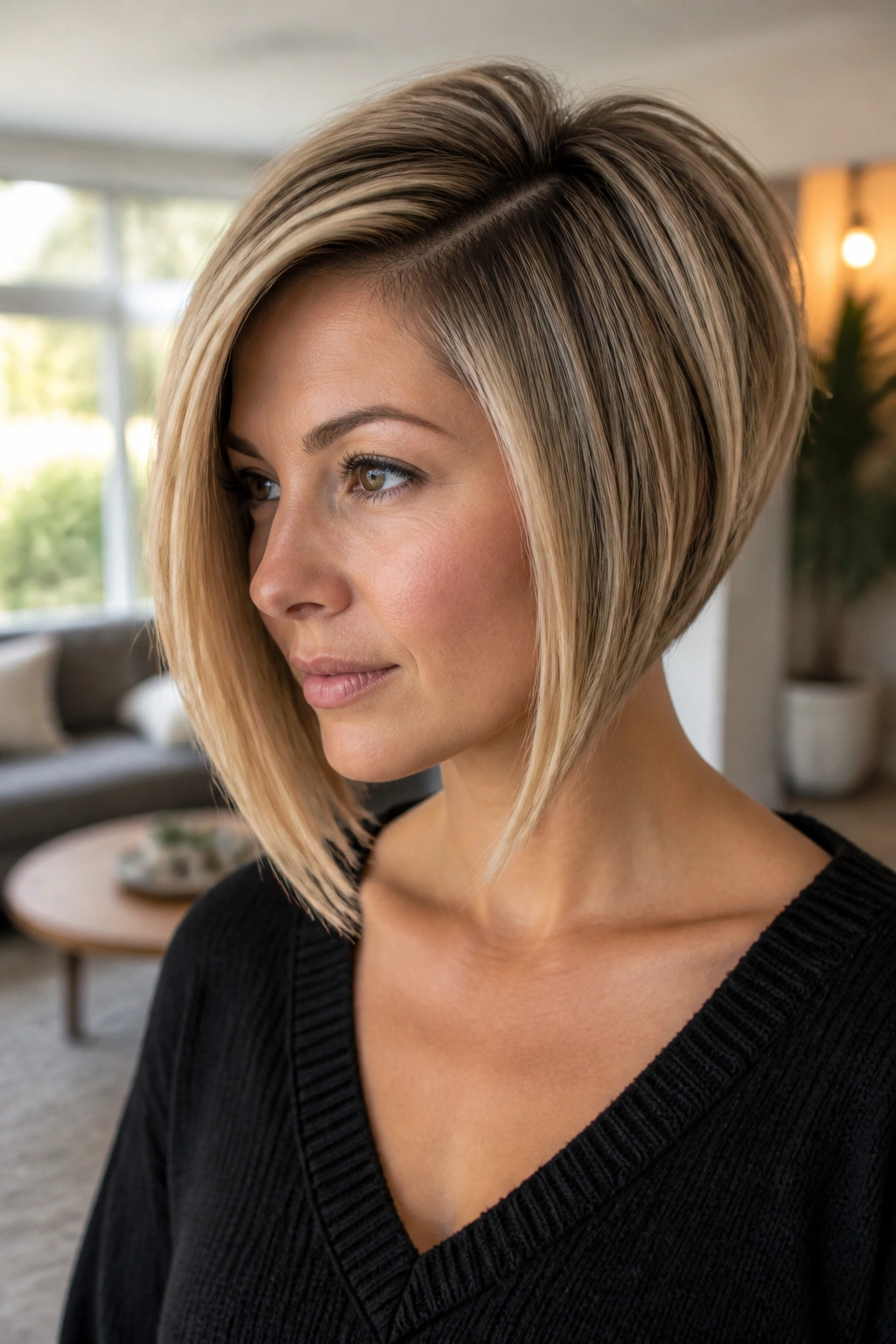 Close-up portrait of a real woman with Angled Stacked Bob With a Deep Side Part, deep side part and back stack.