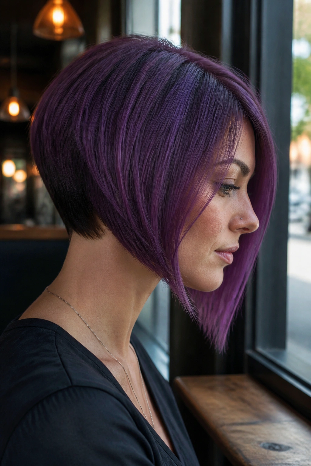 Real woman with angled violet bob showing short back and longer front in daylight outdoor setting