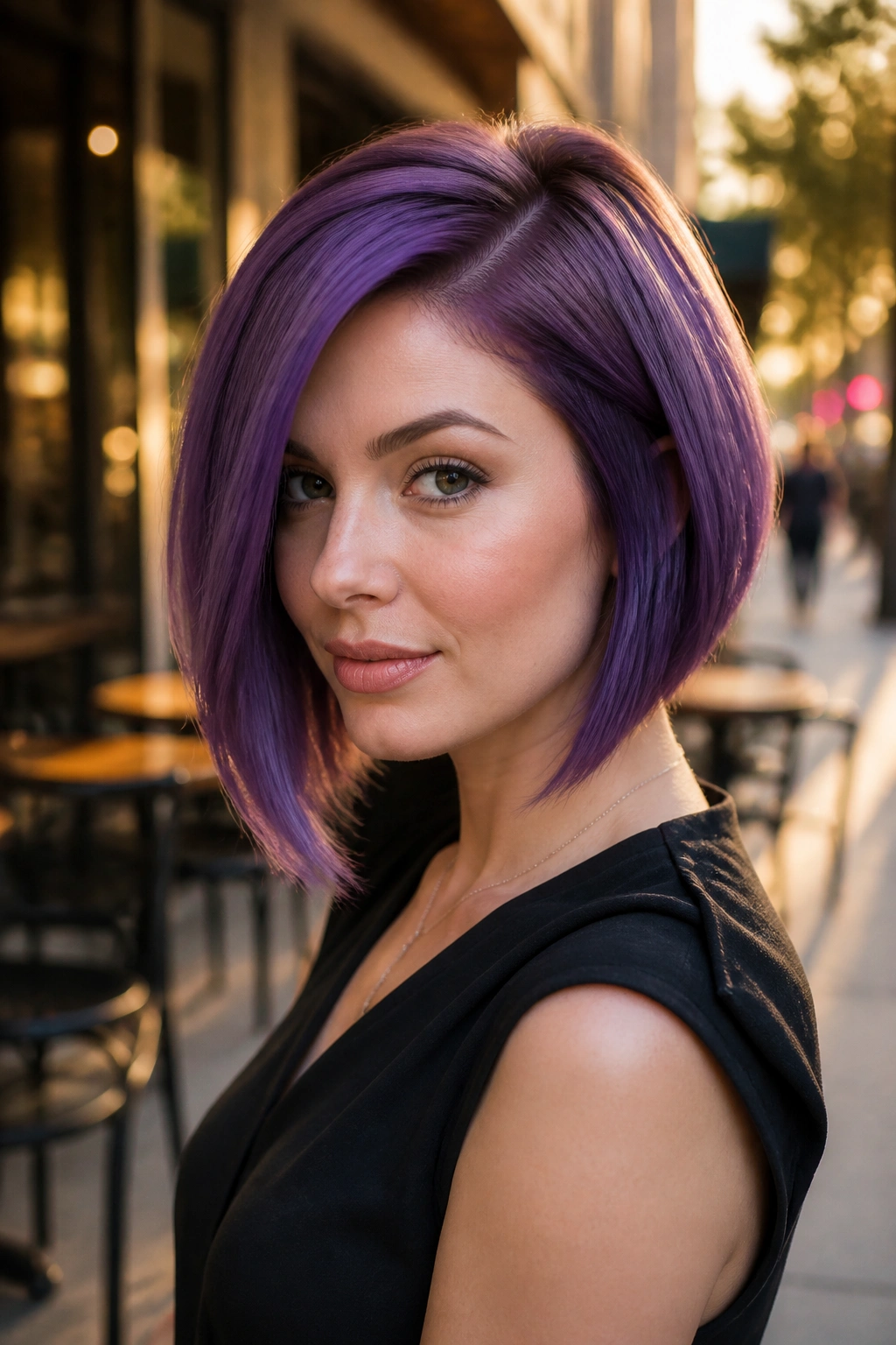 Medium close-up of a real woman with angled violet bob and deep side part