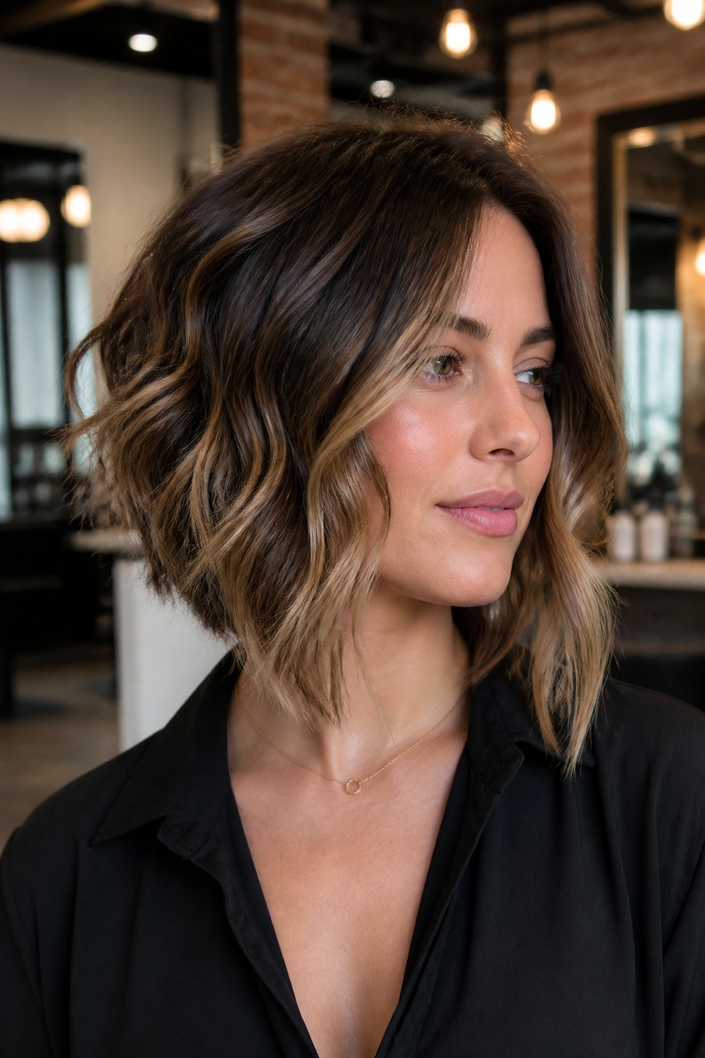 Medium close-up of angled wavy bob with longer front pieces on a real person