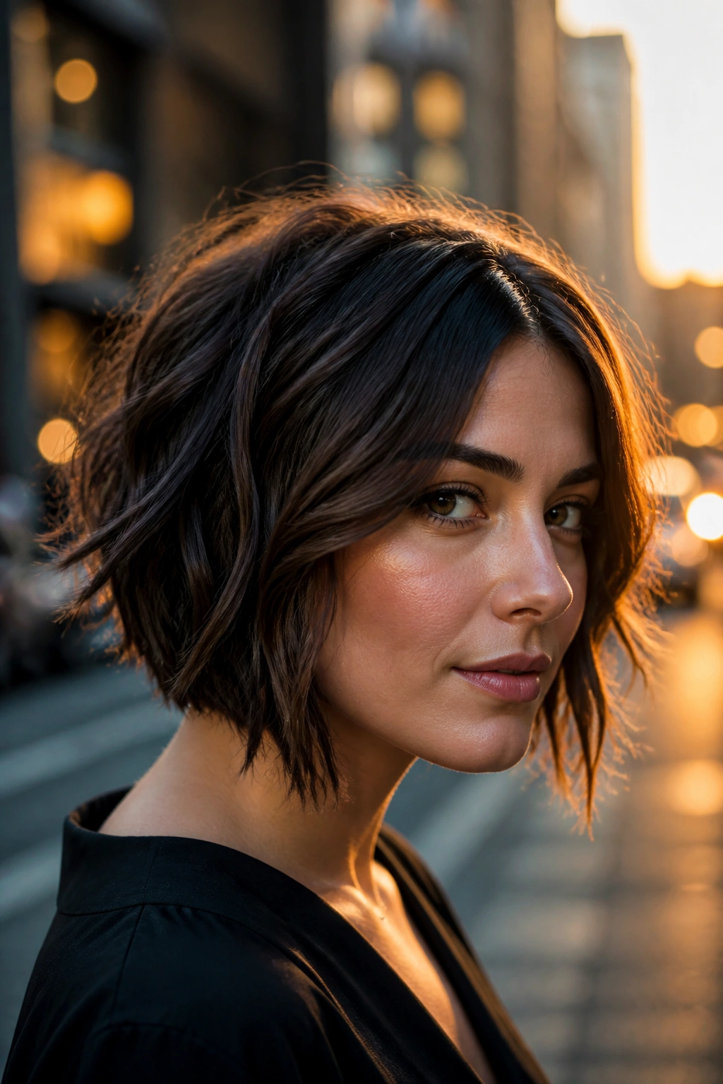 Real woman wearing an angled wavy bob
