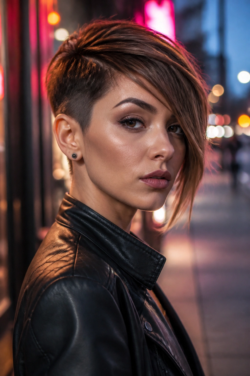 Real person with angular asymmetrical pixie and long front corner.