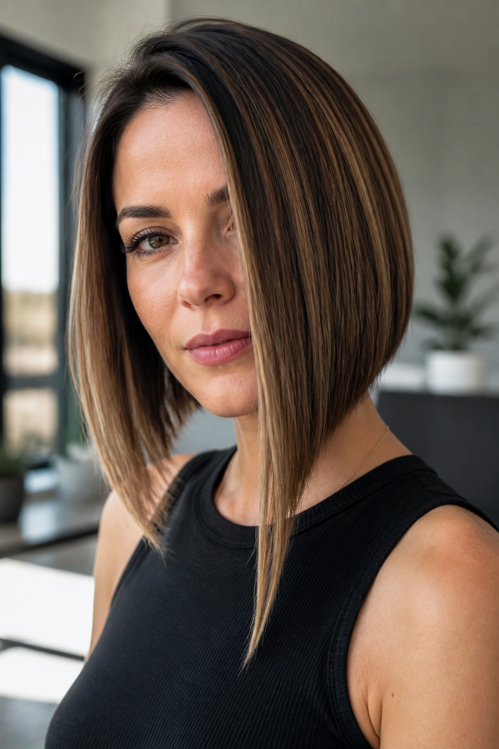 Close-up of a real woman showing a sharp angular bob front point in a bright apartment