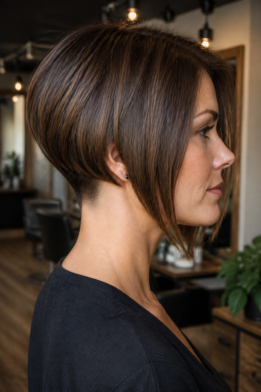 Side profile of a real person with an angular bob and hidden nape undercut