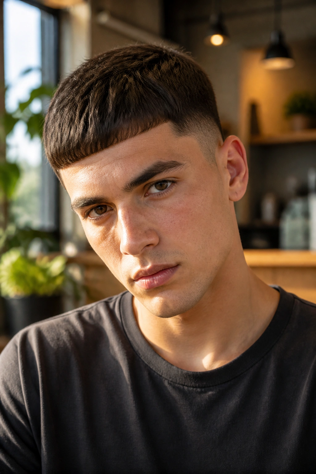 Portrait of a man with an angular Caesar hairstyle
