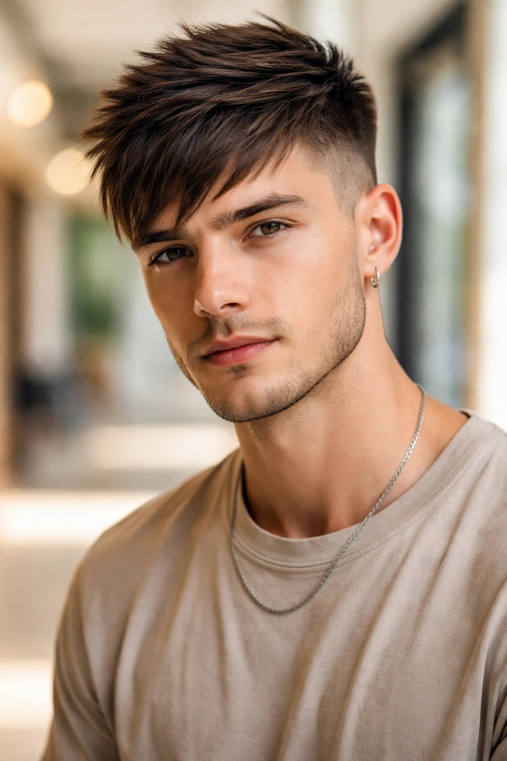Close-up of a man with an angular fringe crop in a bright hallway