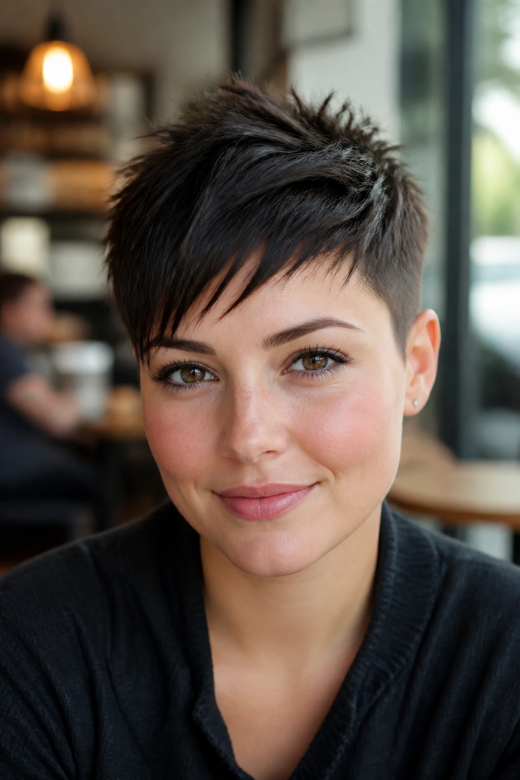 Portrait of a real person with an angular fringe crop for round face.