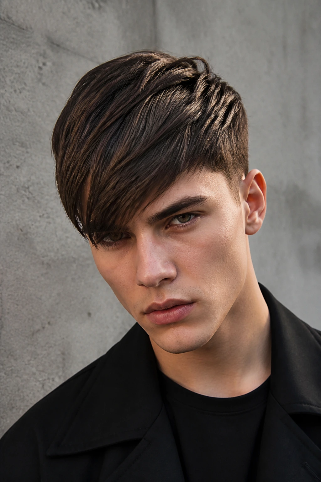 Portrait of a man with an angular diagonal fringe