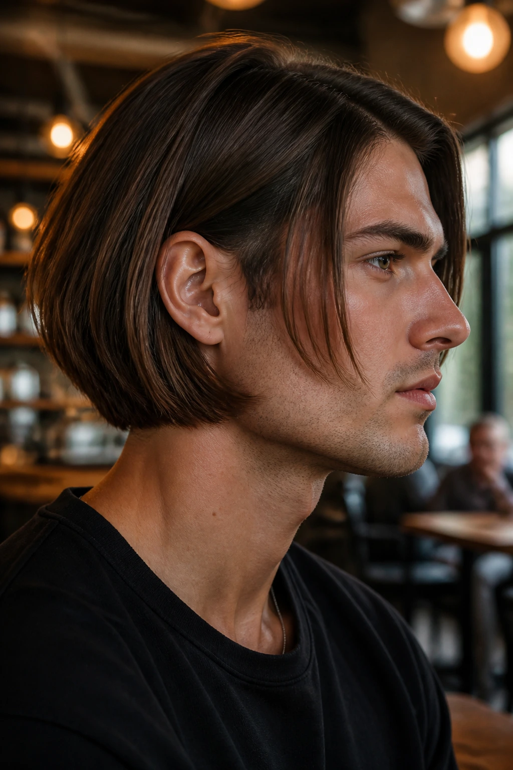 Close-up of a man with an angular jawline inverted bob in warm cafe light