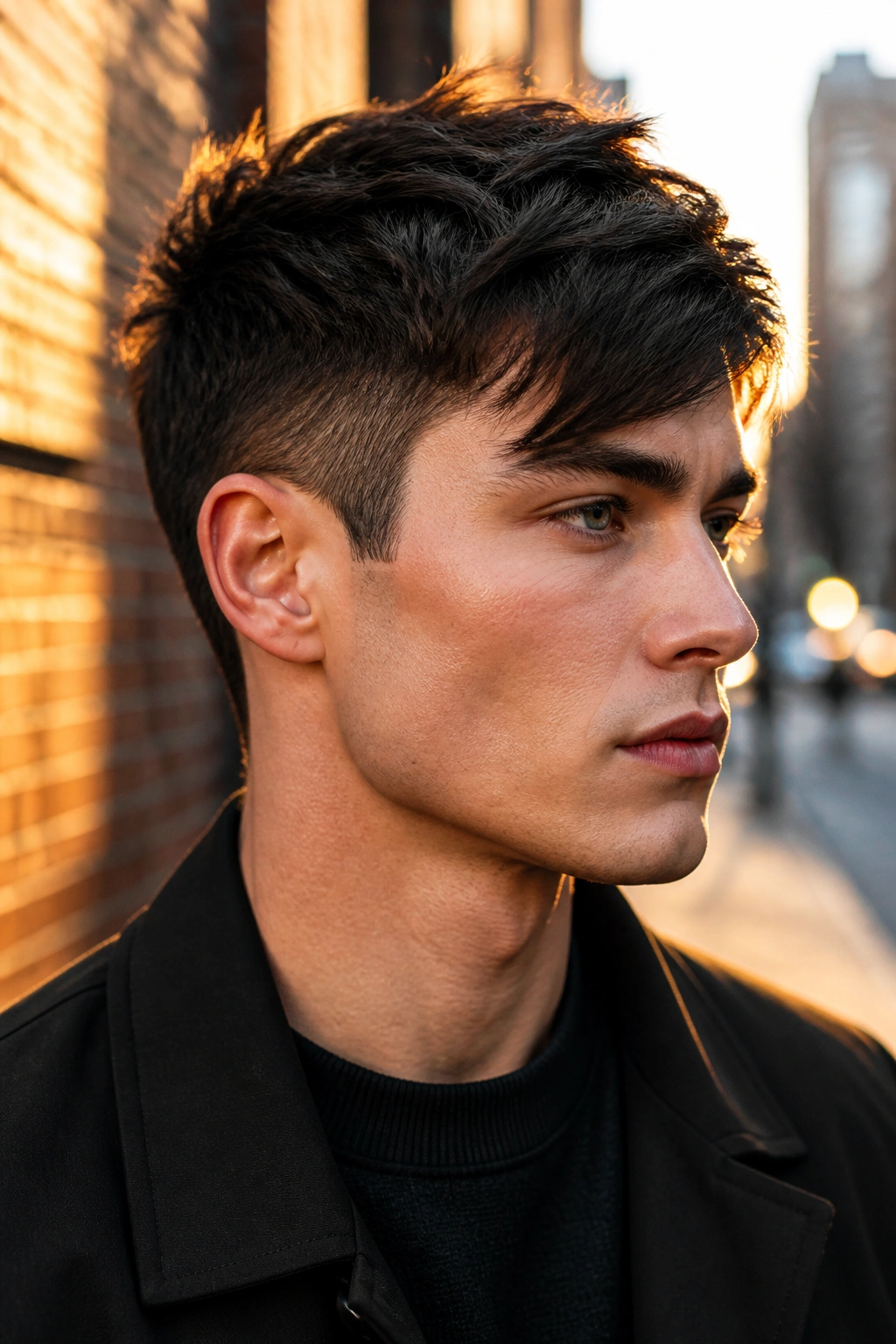 Close-up portrait of a real man with an angular pixie hairstyle and diagonal fringe