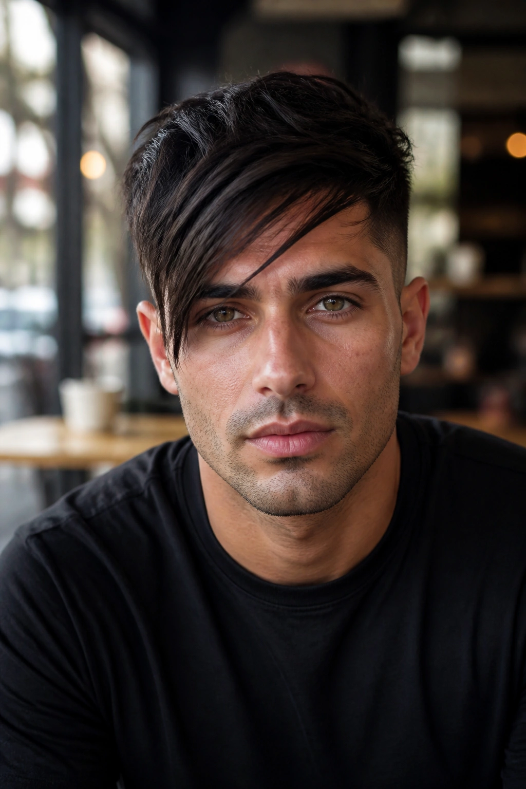 Close-up portrait of man with angular side fringe