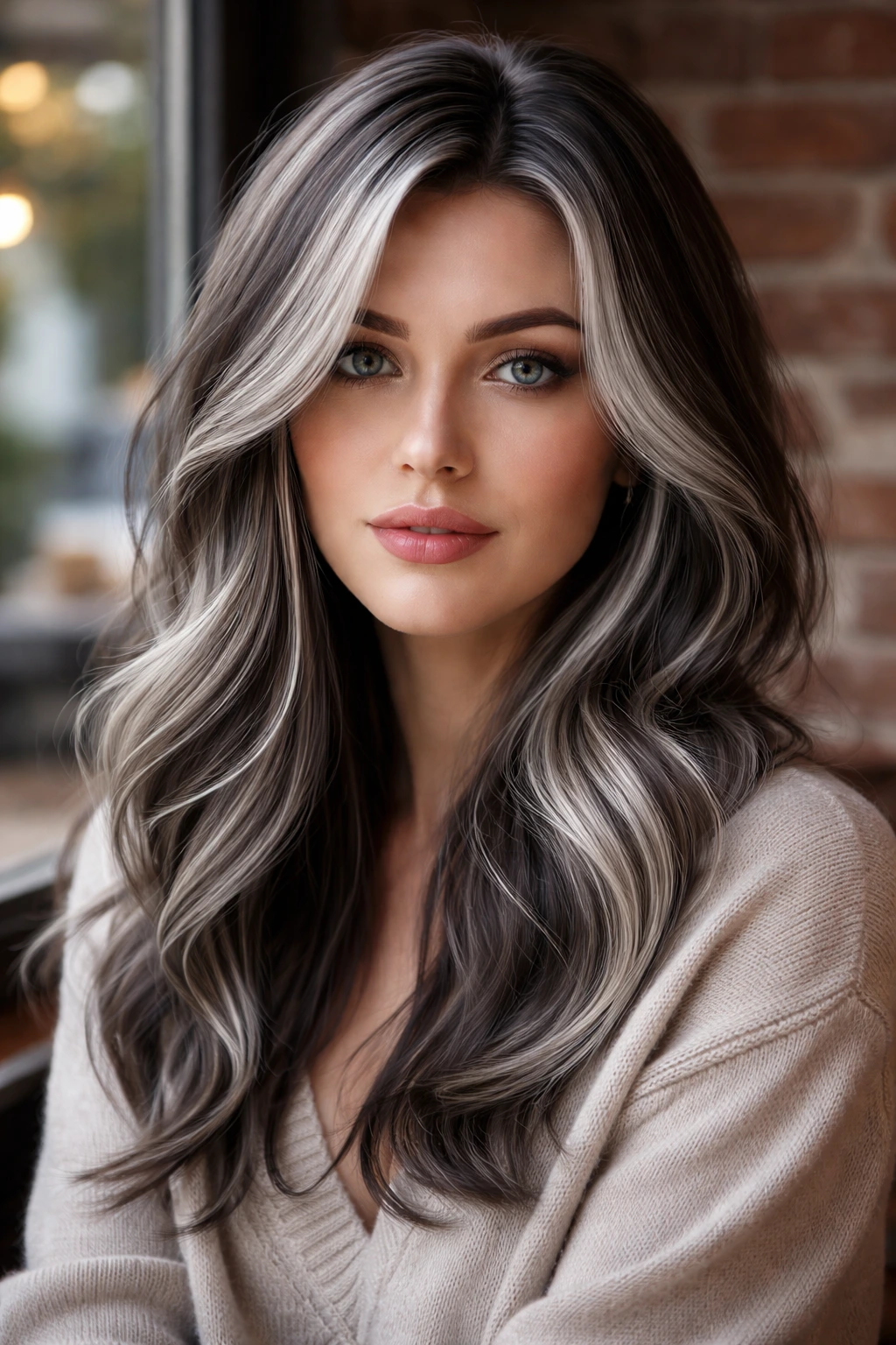 Real person with deep anthracite lowlights in ash base hair.