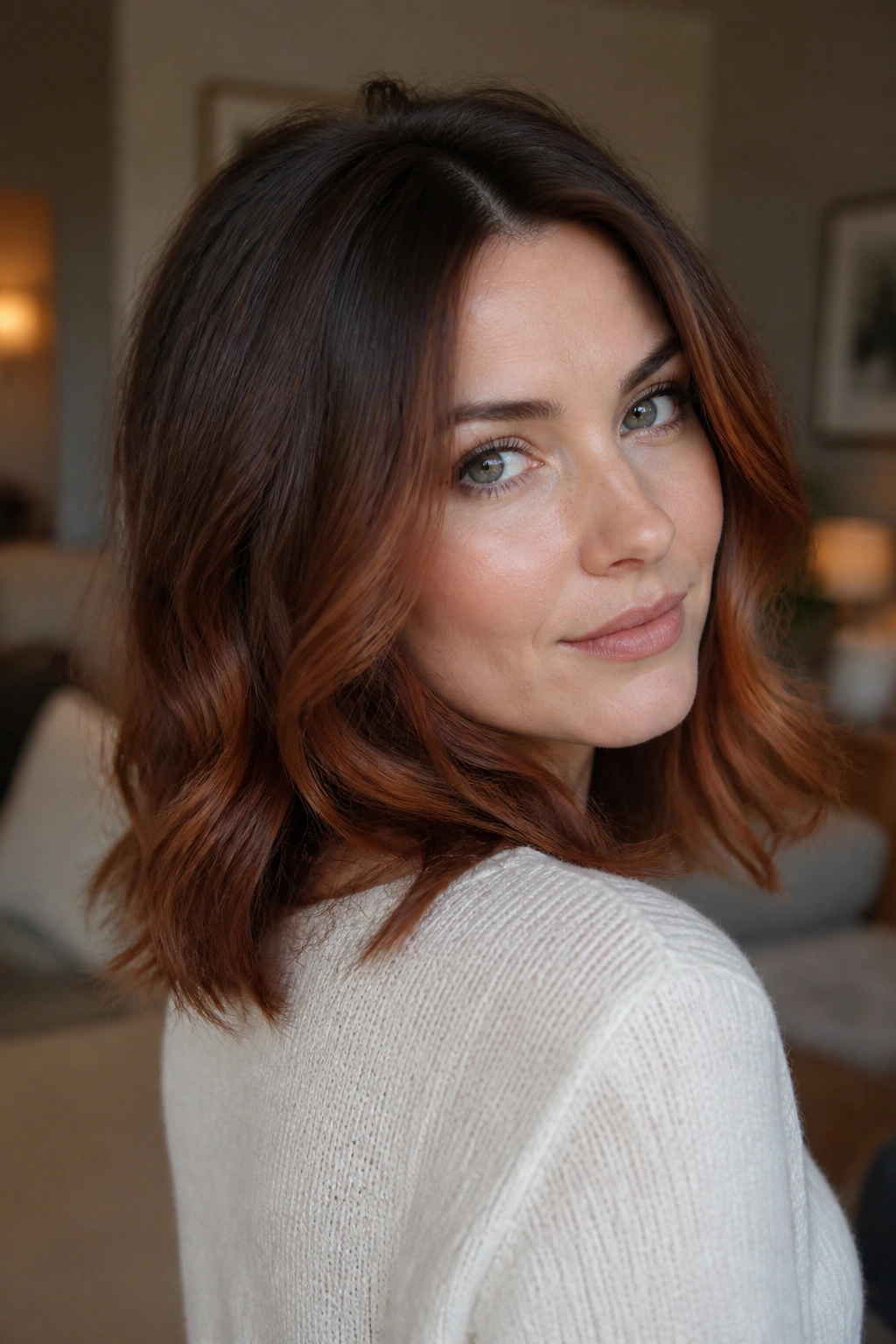 Close-up portrait of a real woman with espresso brunette and antique copper highlights