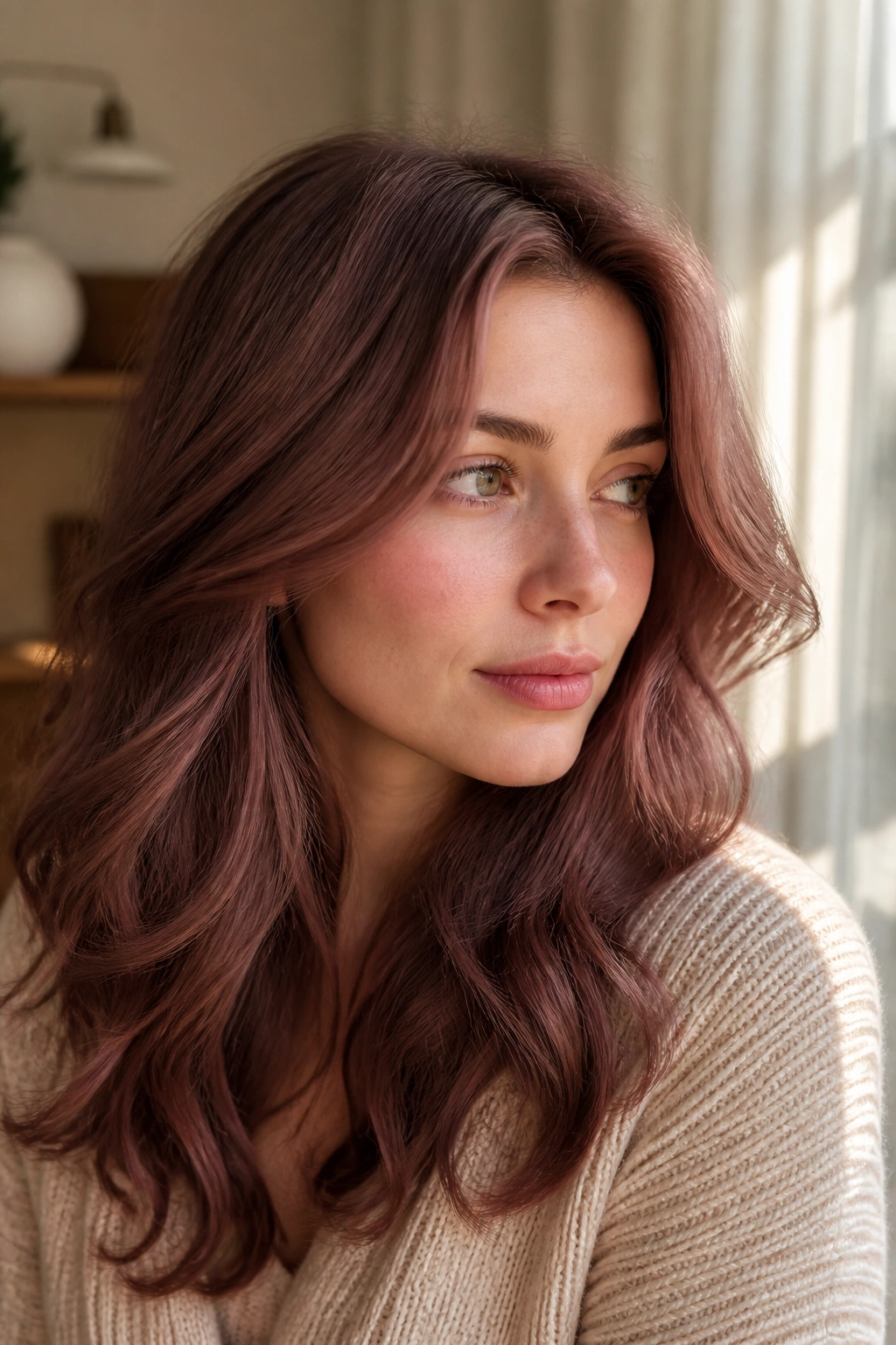 Woman with antique rose brown hair in soft window light