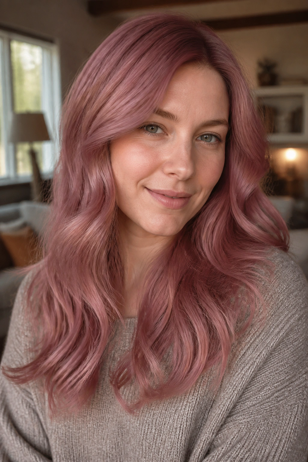 Close-up portrait of a woman with antique rose muted pink hair in window light