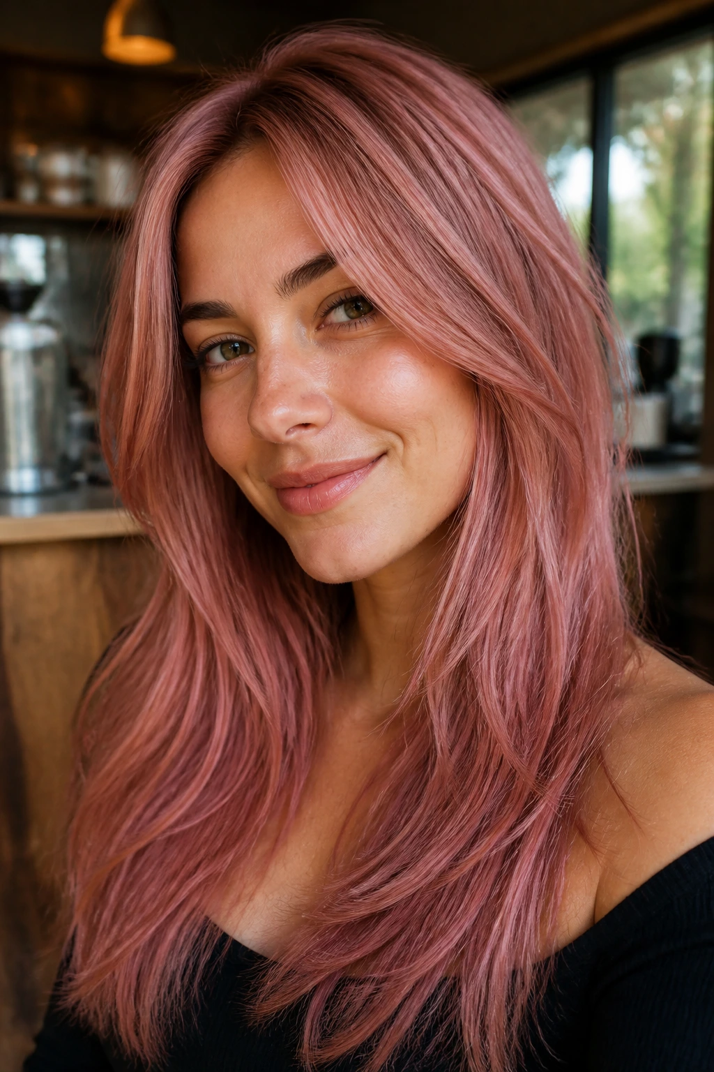 Close-up of a real person with antique rose hair and micro-highlights in daylight at a cafe.