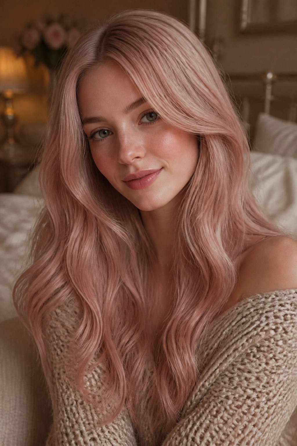 Close-up of a real person with Antique Rose Strawberry Blonde in a cozy bedroom