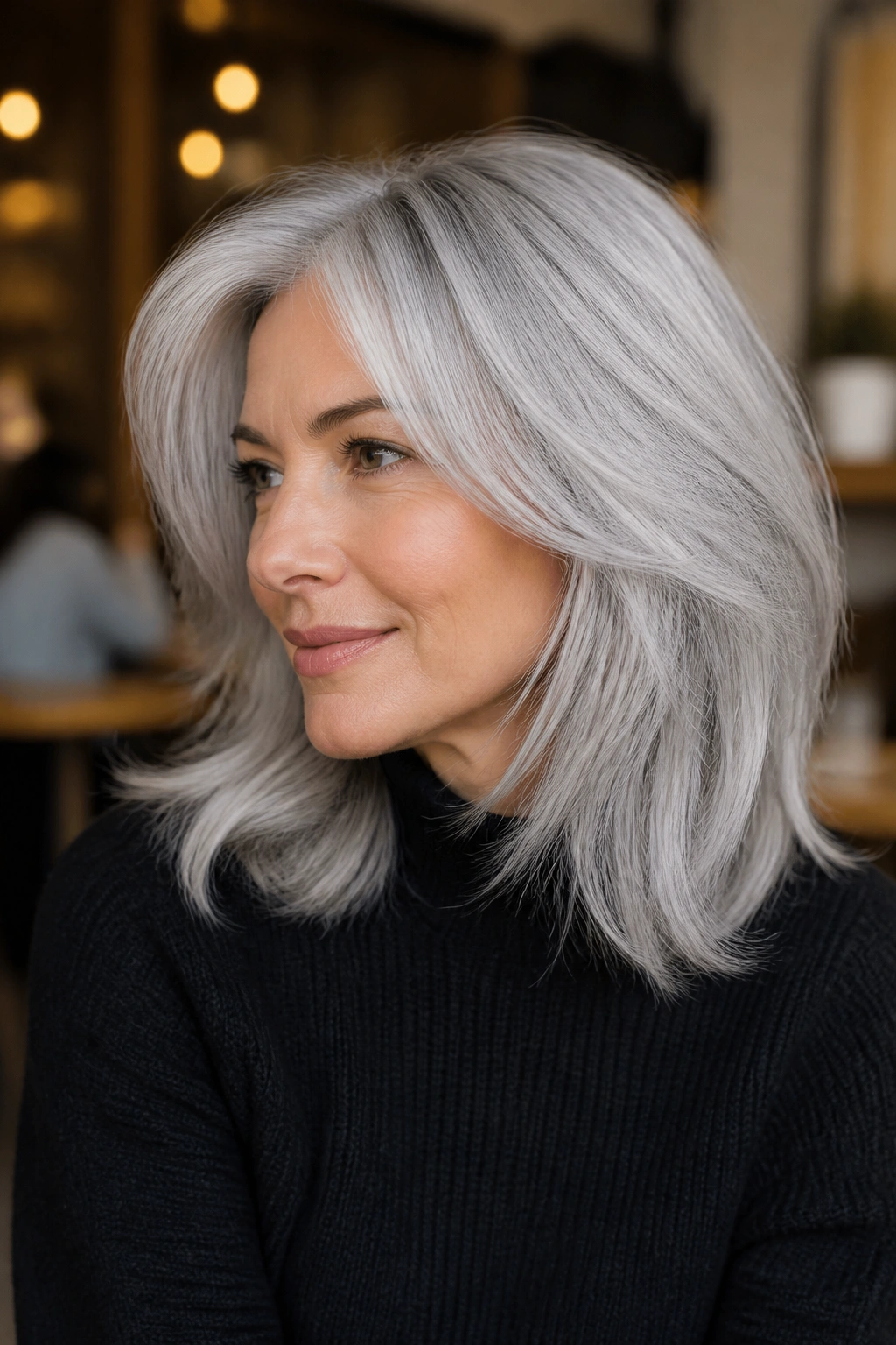 Portrait of a woman with antique silver veil hair in a soft, cool-toned setting