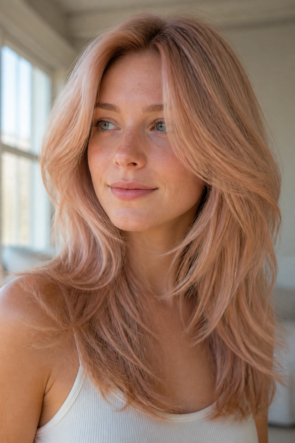 Close-up of a real woman with Apricot Ash Layers in window light