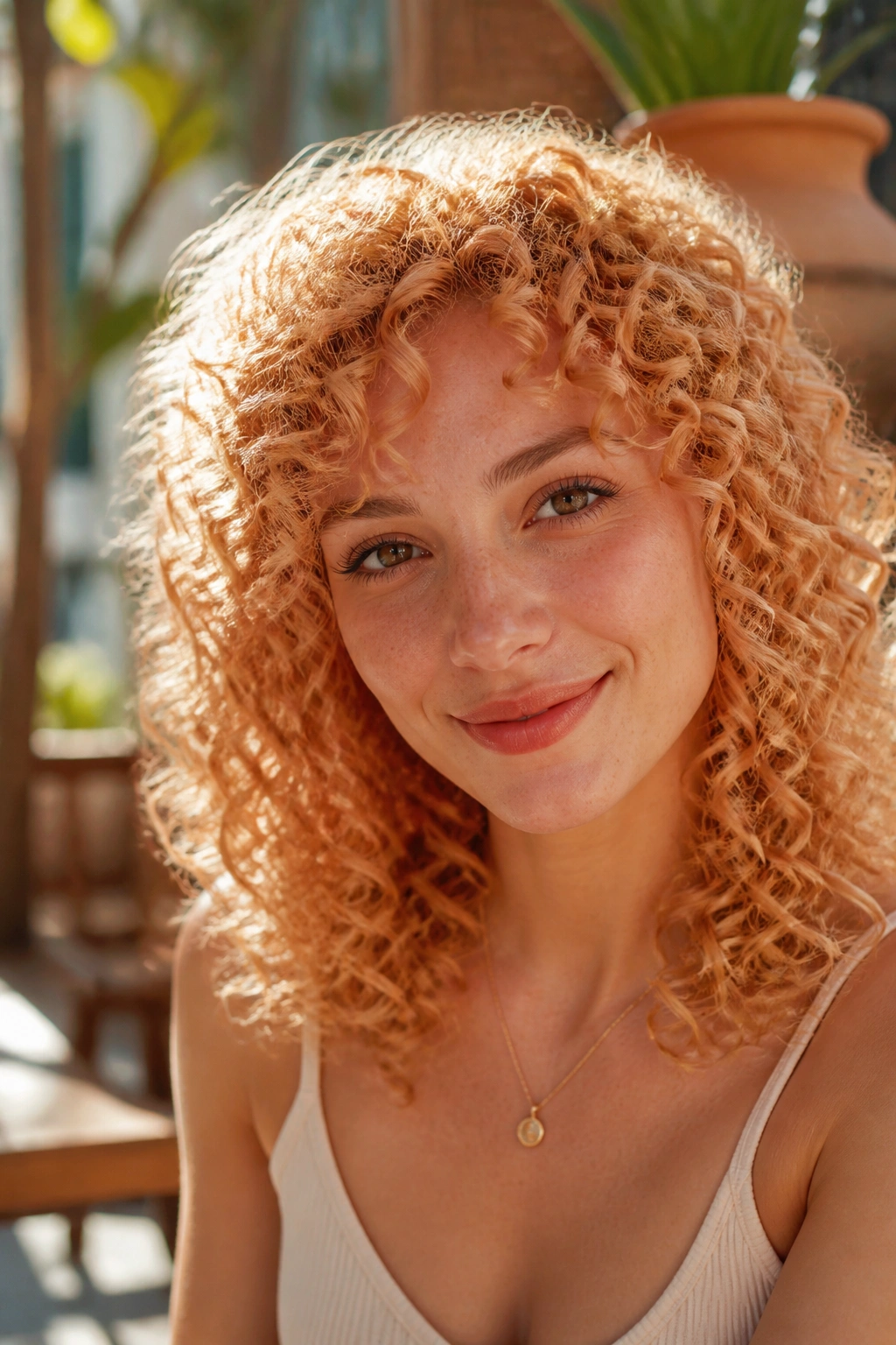 Close-up of a real woman with apricot blonde corkscrew curls